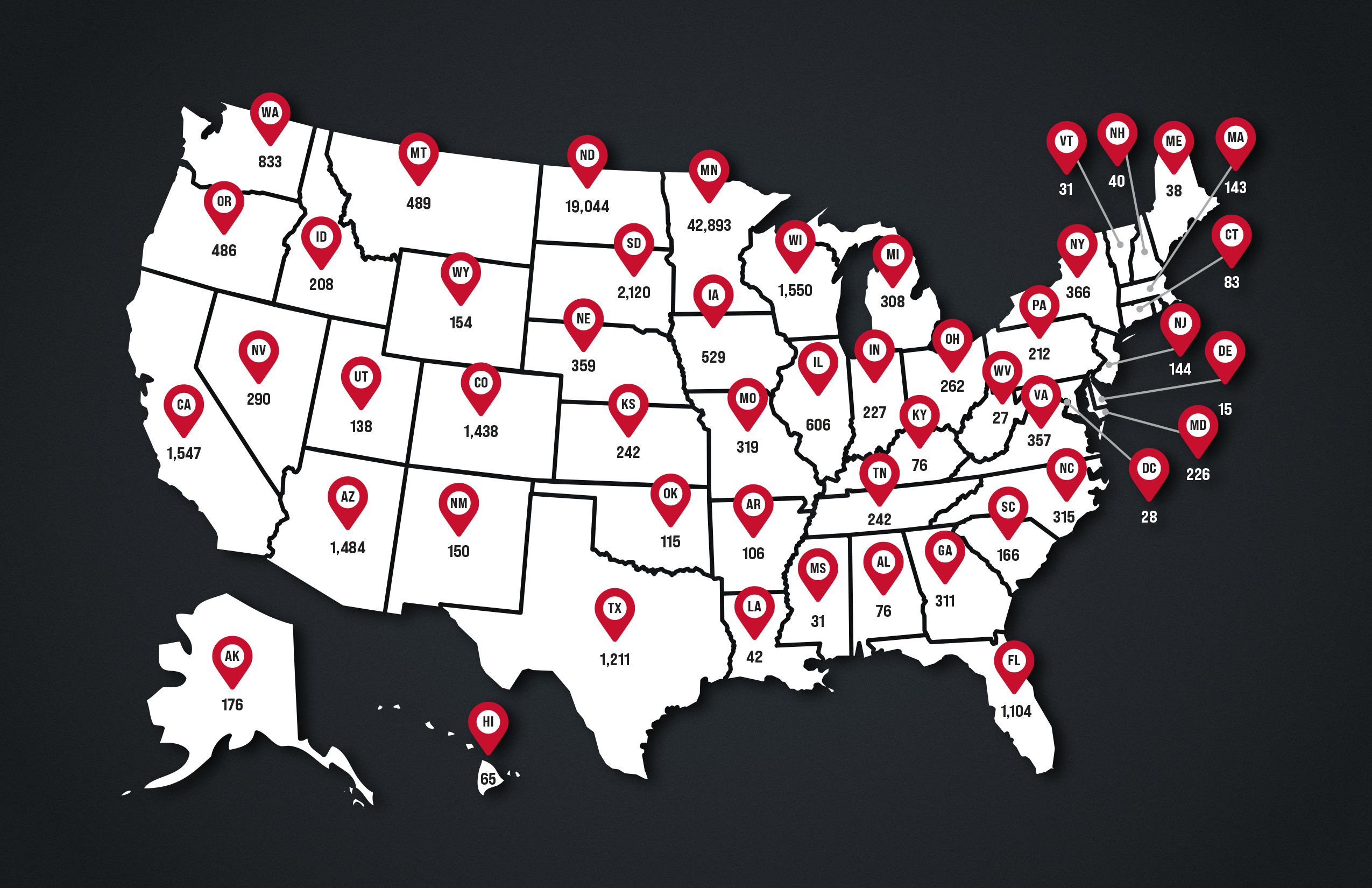 Graphic of US with alumni population markers and locations